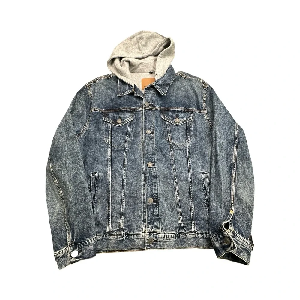 American Eagle Denim Jacket Mens XXXL Blue Hooded Trucker Waffle Lined Acid Wash